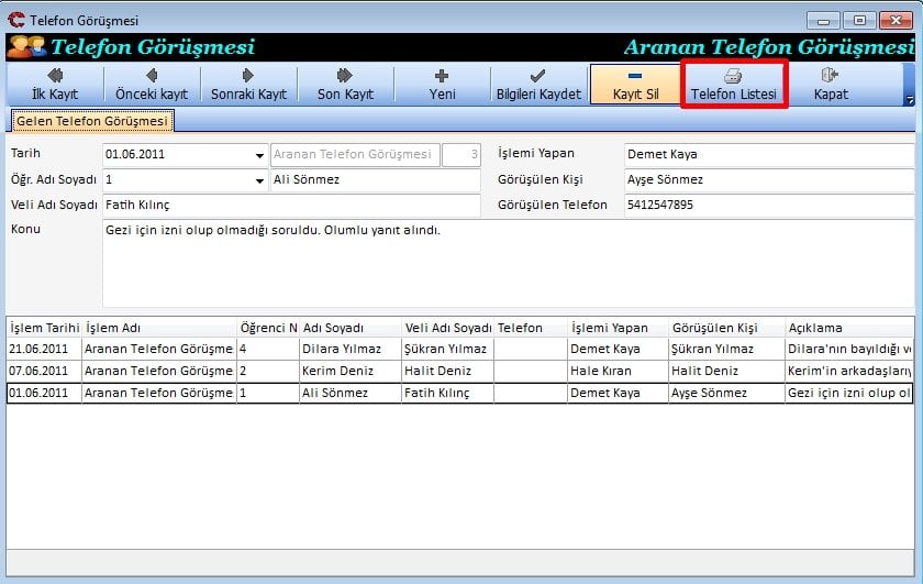 Aranan Telefon Görüşmesi