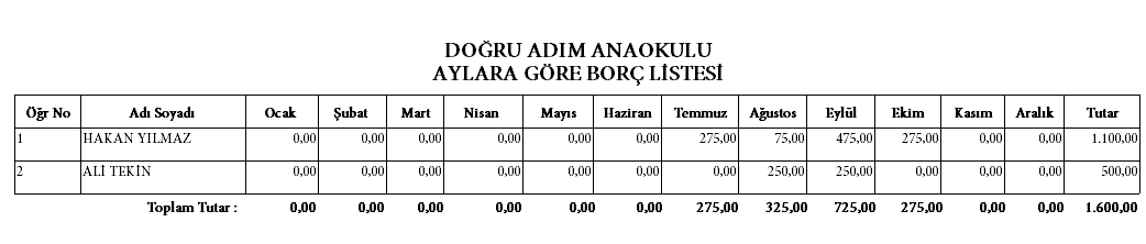 Aylara Göre Borç Listesi