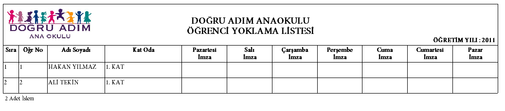 Aylık Öğrenci Yoklama Listesi