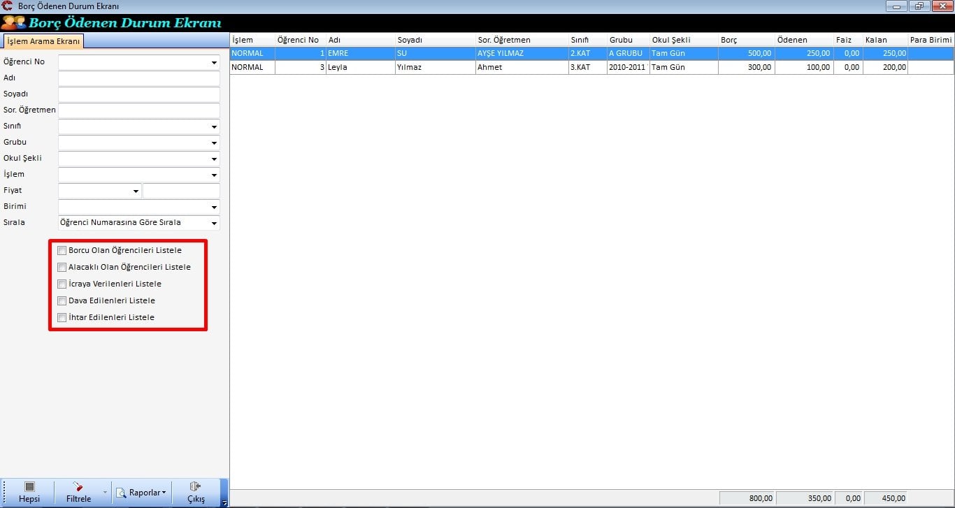 Borç Ödenen Durum Ekranı