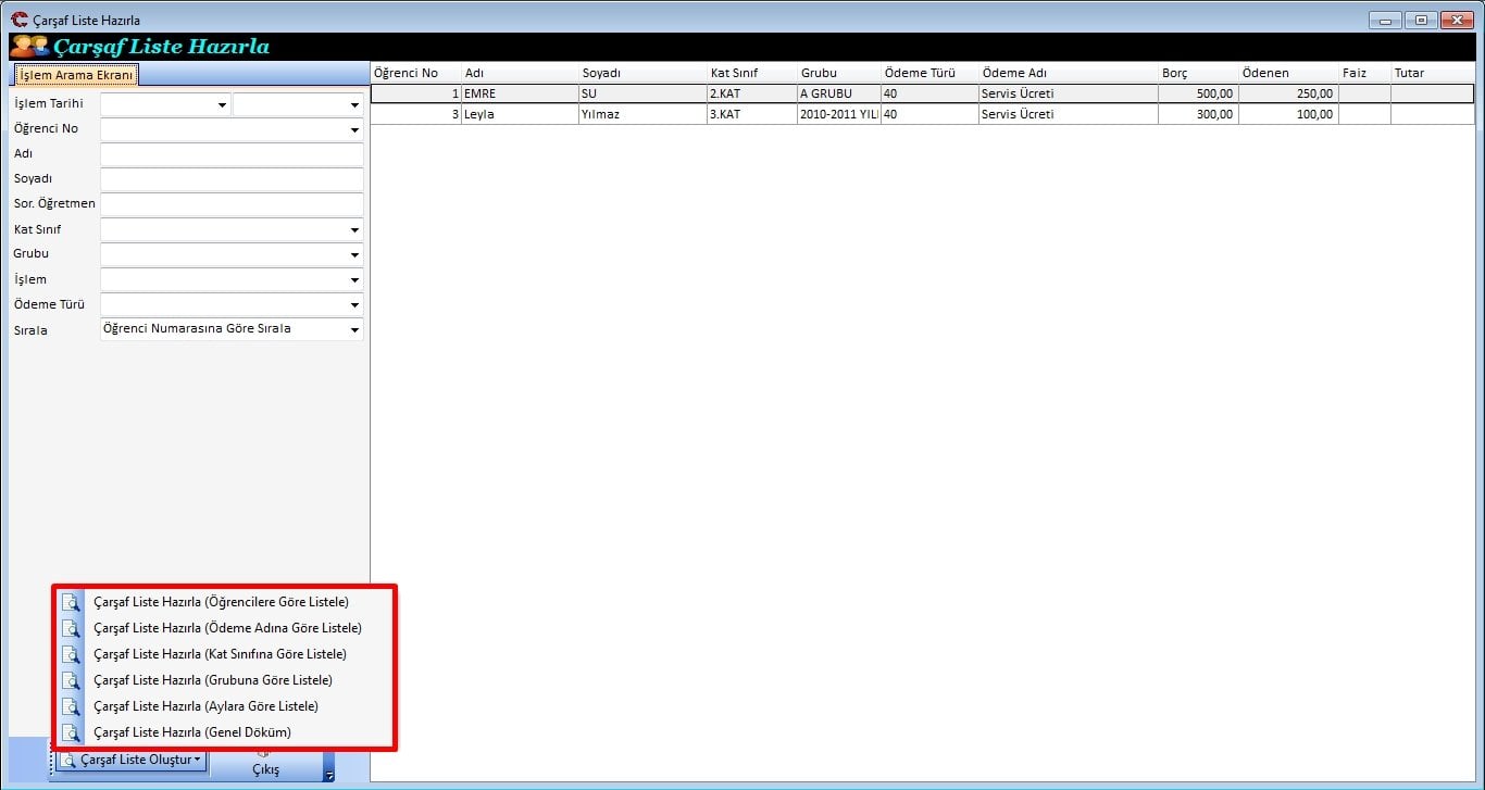 Çarşaf Liste Hazırla