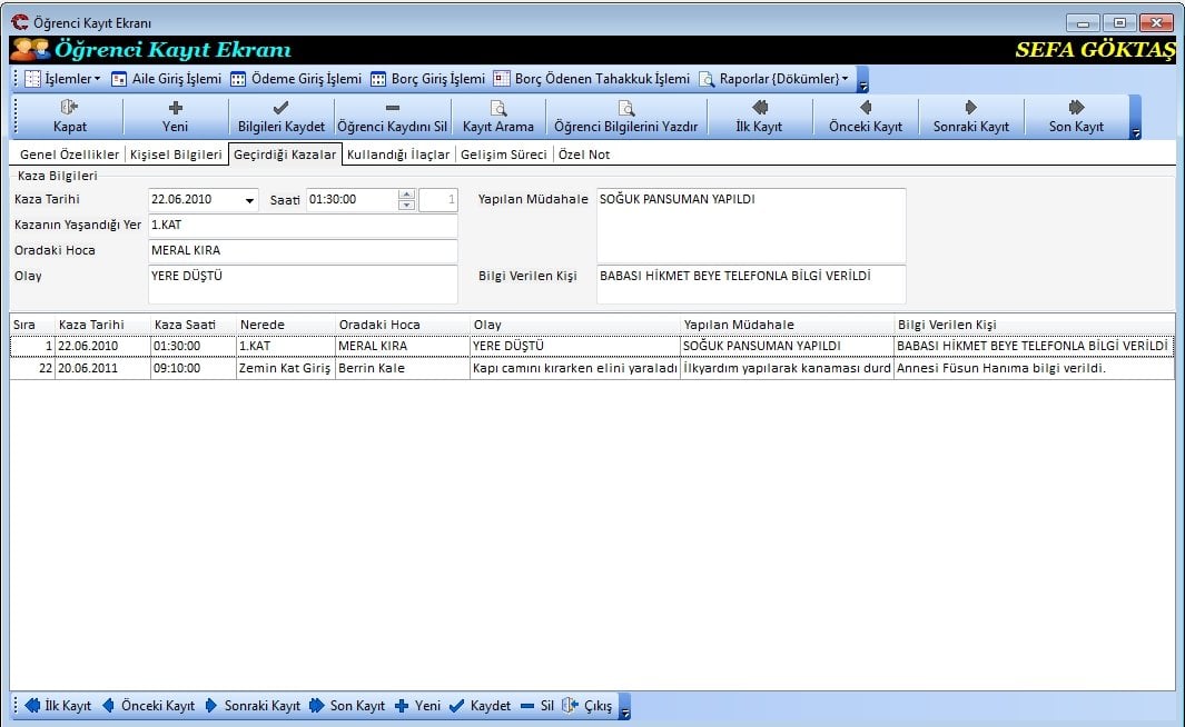 Öğrencinin Geçirdiği Kazalar