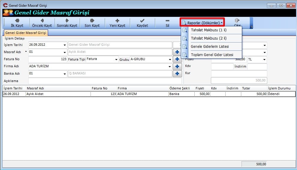 Genel Gider Masraf Girişi