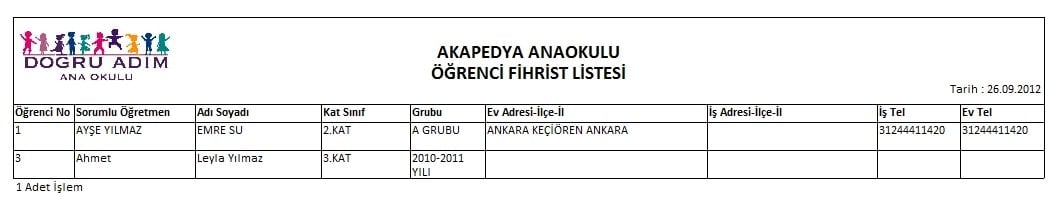 Öğrenci Fihrist Listesi