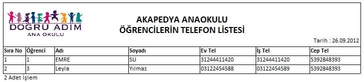 Öğrenci Telefon Listesi