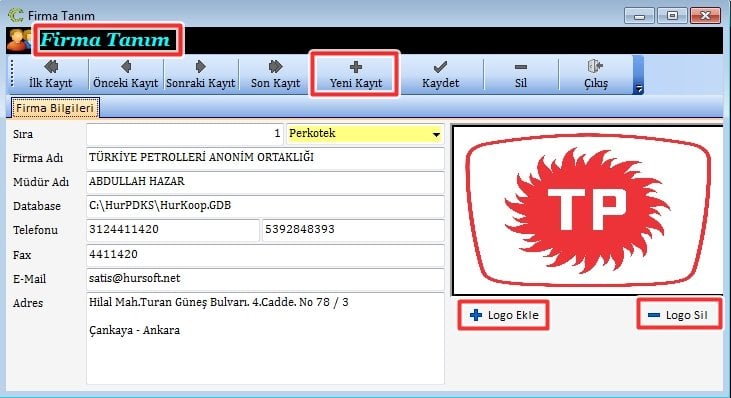 Şirket Tanımı Ekranı