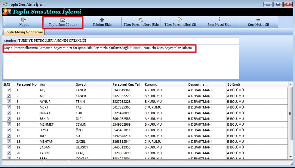 Personellere Toplu SMS Gönder