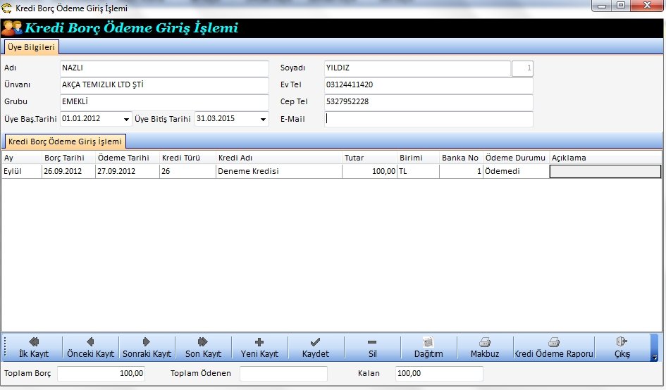 Üye Kredi Borç Ödeme Tablosu