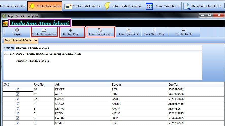 Yemekhane Toplu SMS Atma