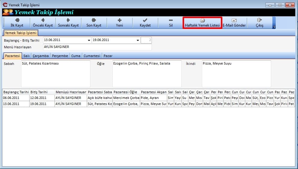 Yemek Takip İşlemi